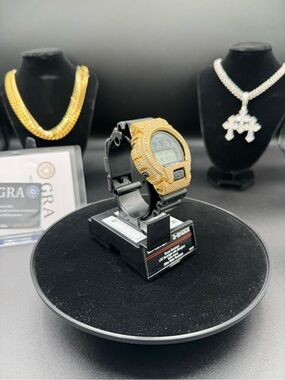 Gshock Digital Watch silver over 14k Gold plated moissanite Bezel and Black Band